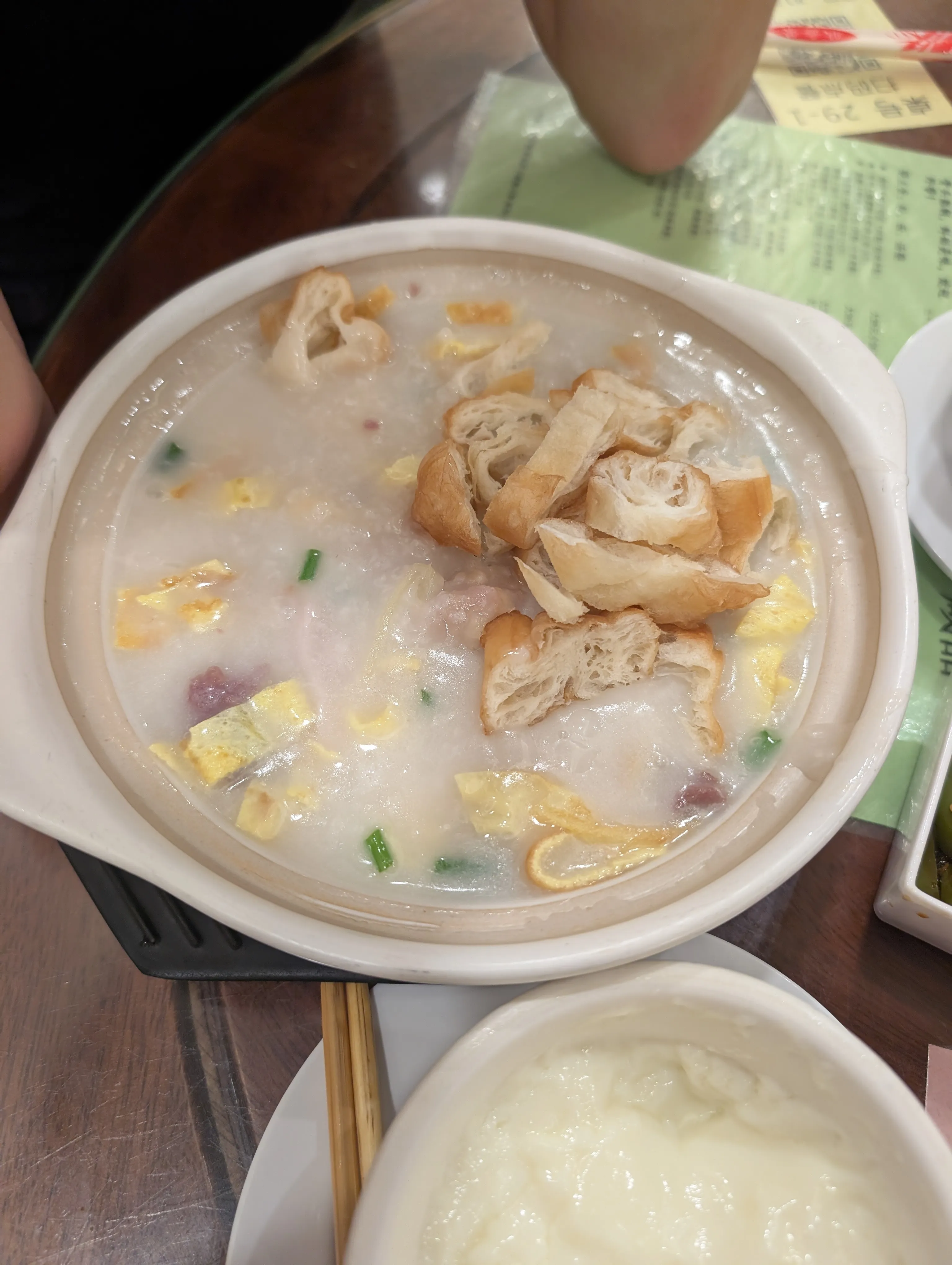 Jook (congee) served at breakfast, a Cantonese staple (and nostalgic for Paul - a day-after-Thanksgiving tradition.)