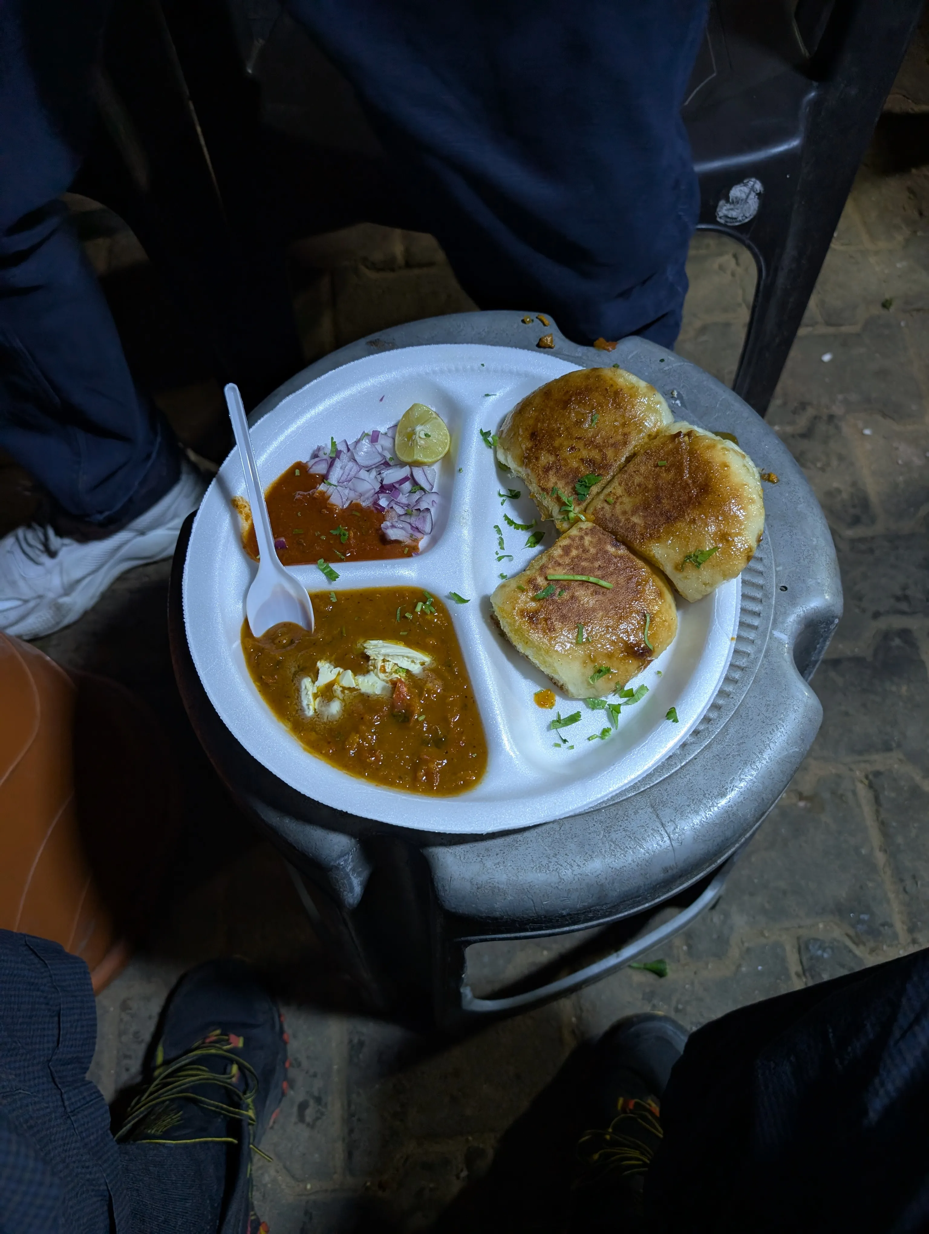 Pav bhaji from the street food tour: buttery toasted rolls with thick spiced vegetable curry.
