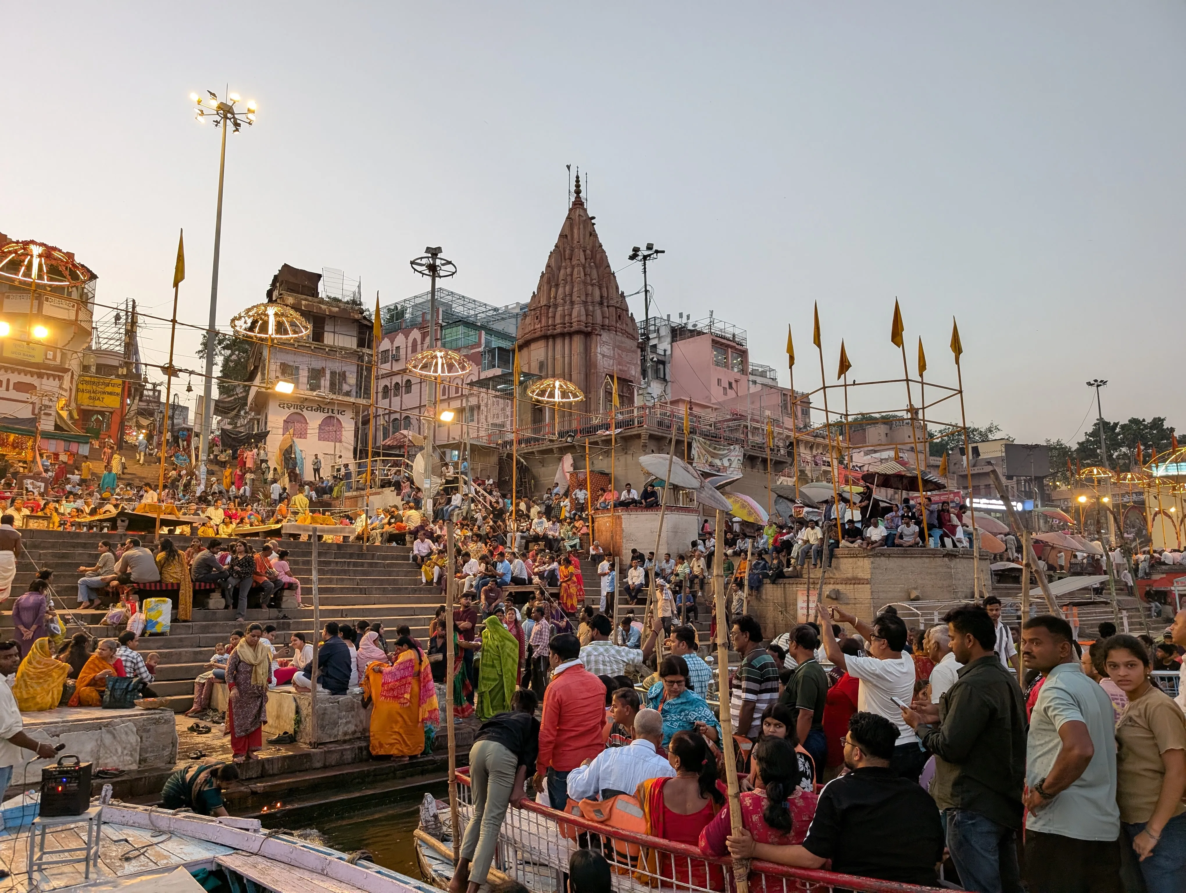 The ghats at Varanasi at dusk.